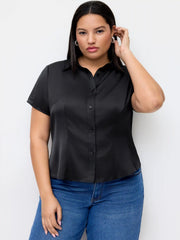 Satin Collar Short Sleeve Shirt Curve & Plus