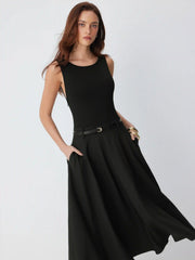 Round Neckline Sleeveless Pocket Midi Flared Dress With Belt
