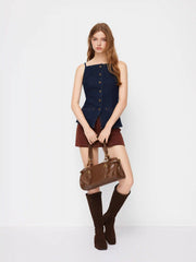 Stretch Denim Boat Neck Button Split Cami Top