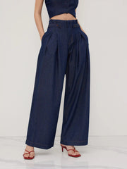 Denim Mid Rise Pleated Wide Leg Jeans