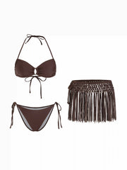 Halter Neckline Ruched Cut Out Tie Side Bikini Set With Fringe Cover Up Skirt