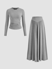 Round Neckline Solid Ruched Long Sleeve Top & Mid Rise Ruffle Hem Trousers Set