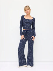 Waffle Ditsy Floral U-neckline Cropped Top & Mid Rise Drawstring Flared Trousers Set
