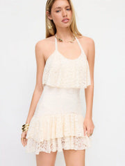 Lace Halter Neckline Ruffled Layered A-line Mini Dress