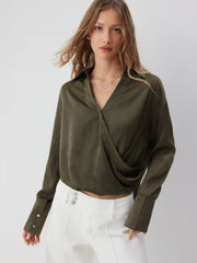 Satin Long Sleeve Wrap Front Blouse