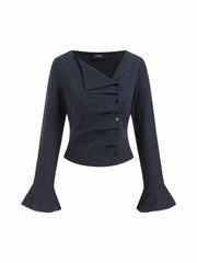 Stripe Asymmetrical Neck Ruffle Sleeve Ruched Blouse