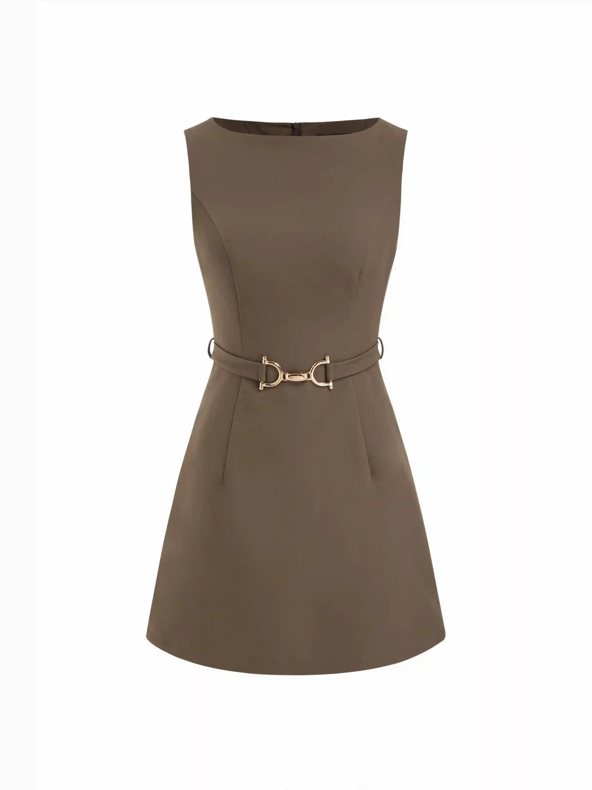 Boat Neck Metal Detail Zipper Mini Dress With Belt