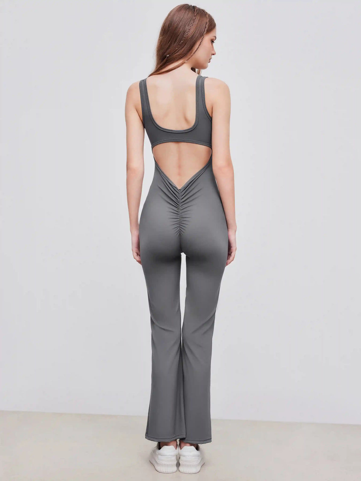 Square Neck Backless Ruched Flared Jumpsuit