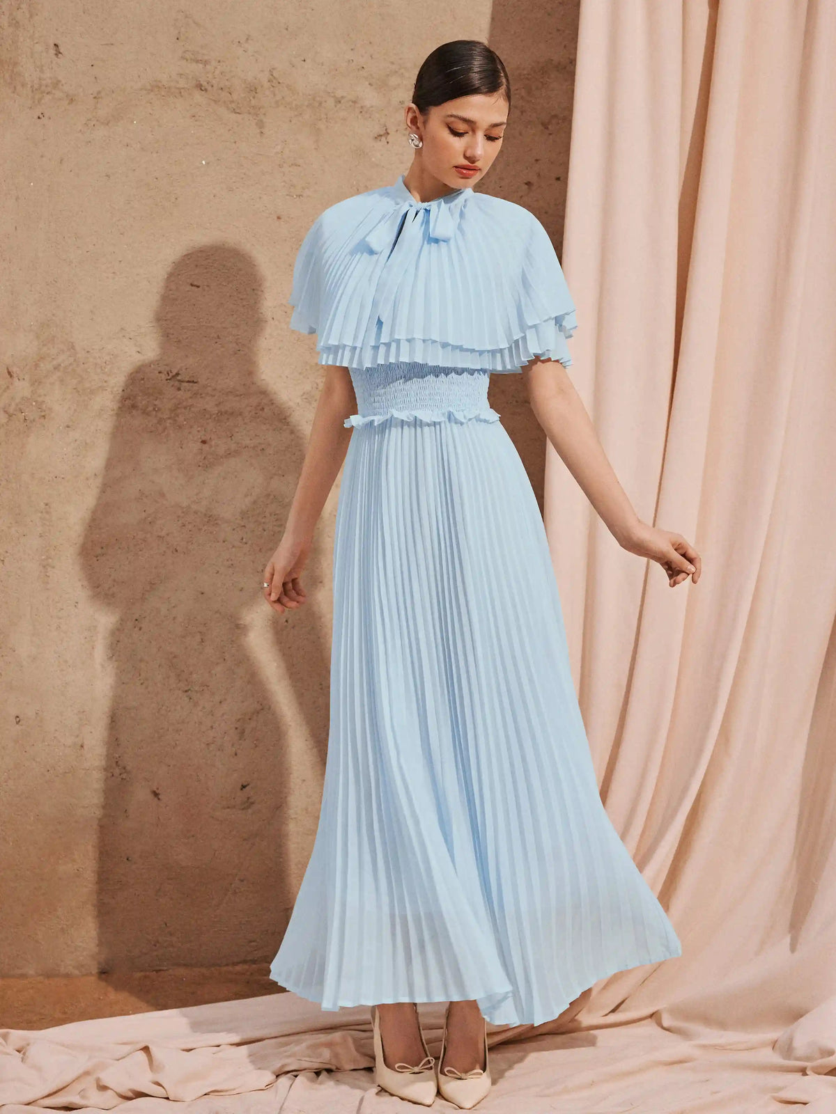 Chiffon Stand Collar Cloak Sleeve Pleated Shirred Flared Maxi Dress