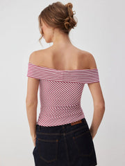 Cotton-blend Striped Off-shoulder knotted Slim Top