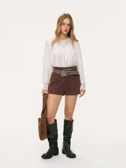 Corduroy Mid Rise Shorts With Belt