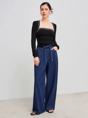 Knit Square Neck Solid Contrasting Binding Ruched Long Sleeve Top