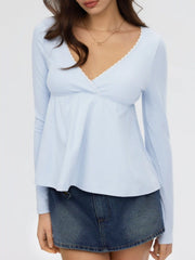 Cotton-blend V-neck Babydoll Lace Trim Peplum Long Sleeve Top