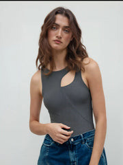 Knit Round Neck Asymmetrical Solid Bodysuit