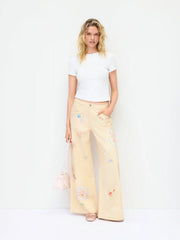 Denim Low Rise Floral Applique Metal Detail Wide Leg Jeans