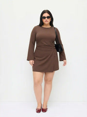 Bell Sleeve Side Belted Ruched Mini Dress