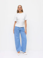 Cotton-blend Round Neckline Ruched Short Sleeve Tee