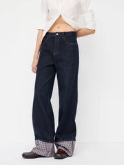 Cider Stretch Denim Mid Rise Plaid Roll Hem Straight Leg Jeans