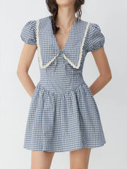 Cotton Gingham Puff Sleeve Asymmetrical Babydoll Mini Dress