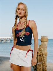 Cotton-Blend Low Rise Drawstring Mini Skort
