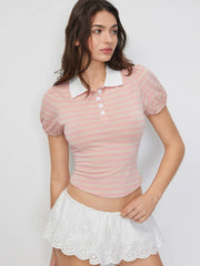 Stripe Color-Blocked Polo Puff Sleeve Top