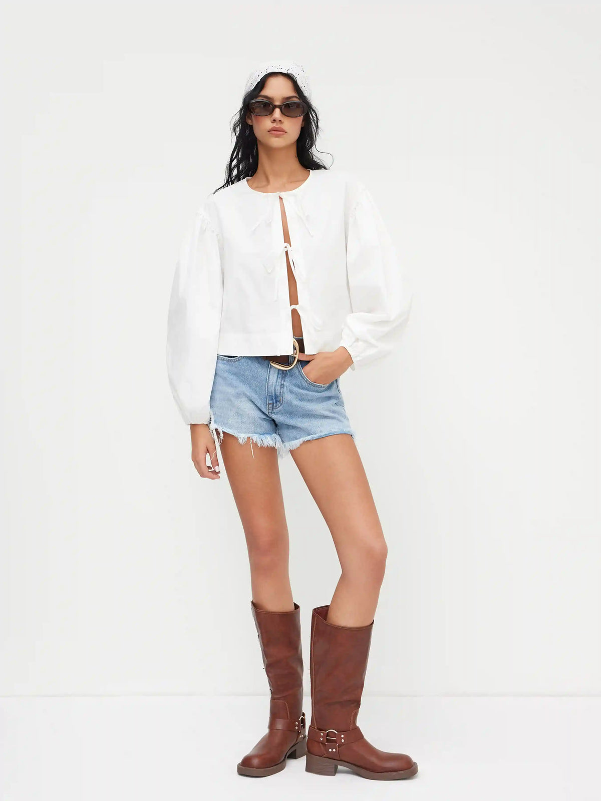 Cotton-blend Round Neckline Solid Tie Front Bowknot Oversized Blouse