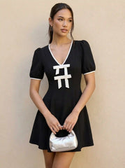 V-neck Lantern Sleeve Bowknot Flared Mini Dress