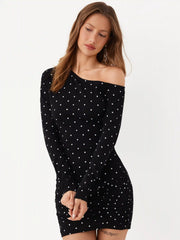 Cotton Polka Dot Asymmetrical Neck Ruched Mini Dress