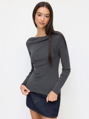 Knit Boat Neck Long Sleeve Ruched Top