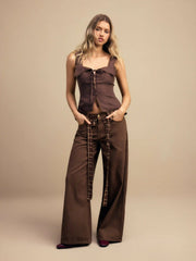 Washed Denim Low Rise Ruffled Wide Leg Trousers