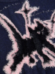 Knit Wool-blend Cat Graphic High Neck Short Sleeve Top