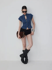 Stretch Denim Stand Collar Short Sleeve Bowknot Zip Up Blouse