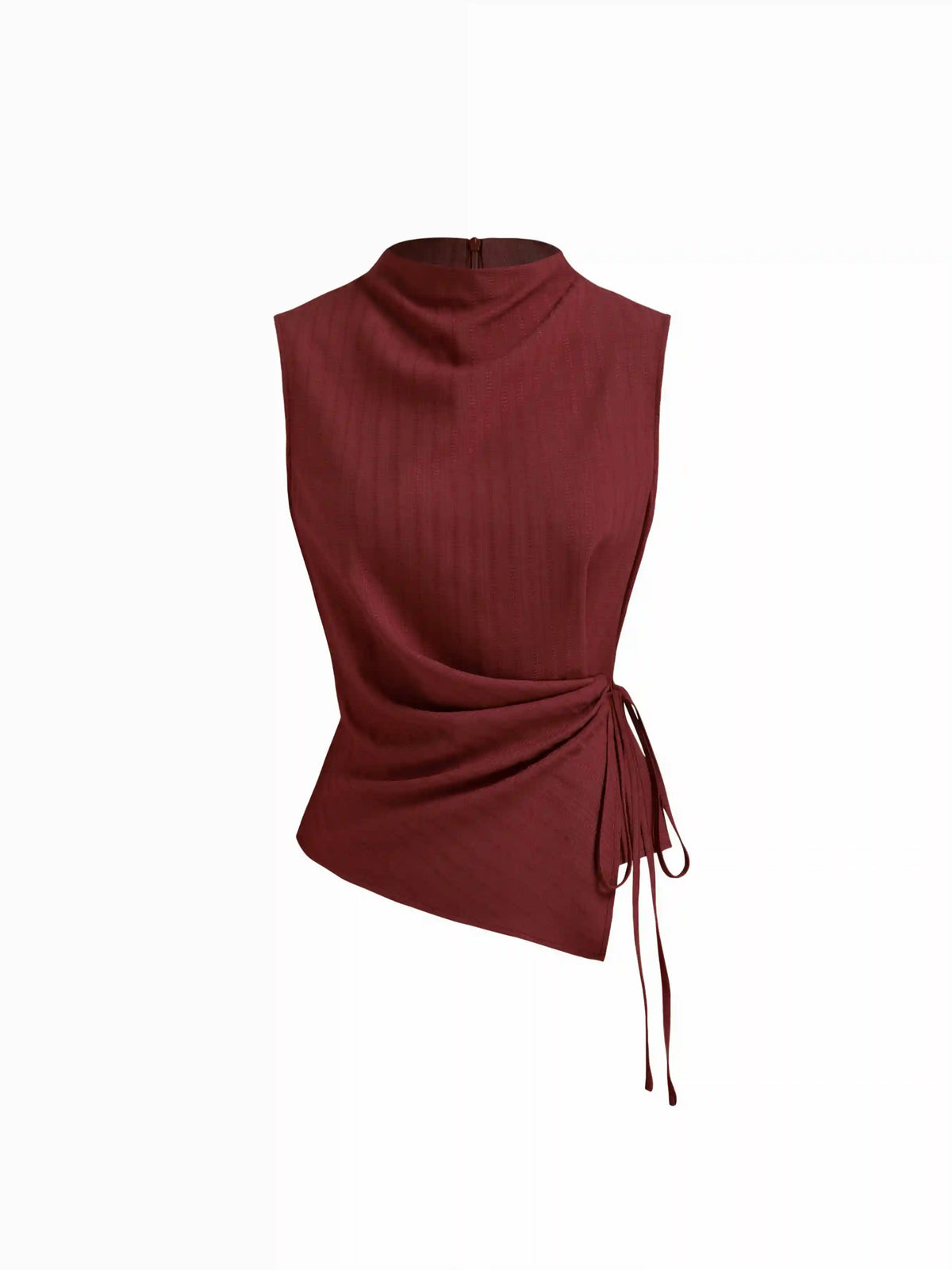 Stand Collar Texture Ruched Knotted Tank Top