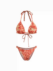 V-neck Floral Leopard Halter Cheeky Bikini Set With Sarong