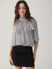 Chiffon Asymmetrical Neck Scarf Detail Sleeveless Bodysuit