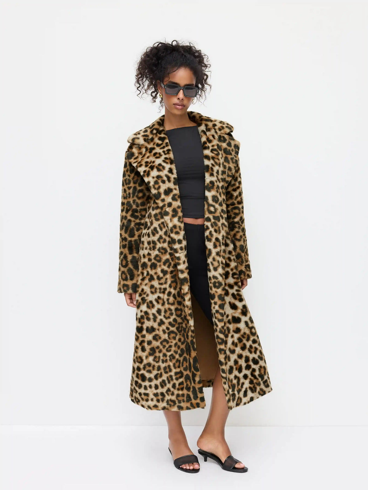 Oversized Leopard Notched Collar Button Faux Fur Longline Coat