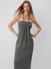 High Stretch Viscose Halter Neck Drawstring A-line Maxi Dress