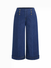 Stretch Denim Mid Rise Roll Hem Button Wide Leg Jeans Curve & Plus