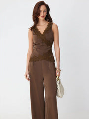 Satin V-Neck Lace Trim Wrap Top & Mid Rise Wide Leg Trousers Set