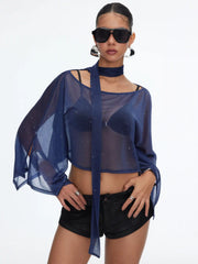 Sheer Glitter Chiffon Boat Neck Top with Scarf