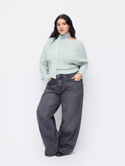 Knit Wool-blend Asymmetrical Neck Long Sleeve Oversized Top With Scarf Curve & Plus