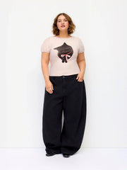 Cotton-blend Cat Print Boat Neck Puff Sleeve Top Curve & Plus