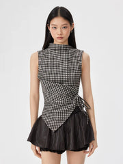 Gingham Stand Collar Asymmetrical Hem Ruched Knotted Top