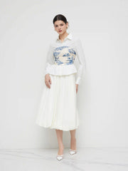 Cotton-blend V-neck Toile de Jouy Ruched Long Sleeve Blouse