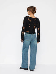 Knit Round Neckline Ripped See-through Top