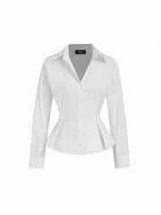 Cotton-blend Ruched Peplum Long Sleeve Blouse