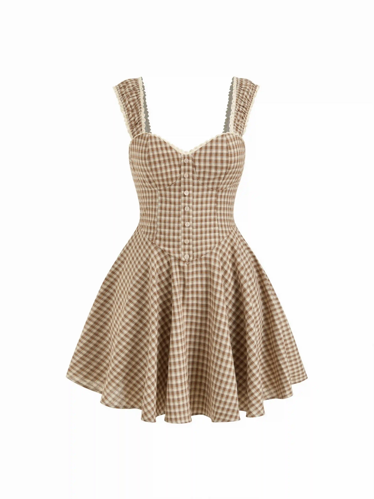 Cotton-blend Gingham Sweetheart Neck Lace Panel Mini Dress