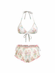 Halter Neckline Floral Tie Side Bikini Set With Smocked Lettuce Trim Shorts