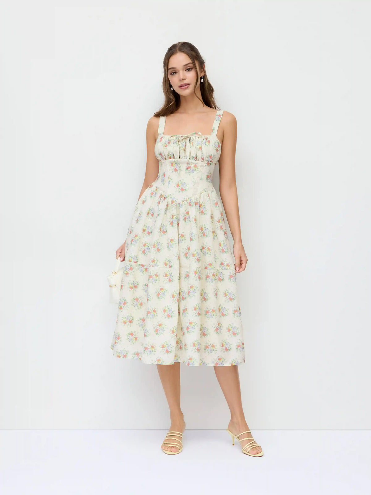 Floral Square Neck Bowknot Ruched Flared Maxi Tank Dress