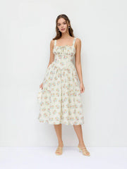Floral Square Neck Bowknot Ruched Flared Maxi Tank Dress